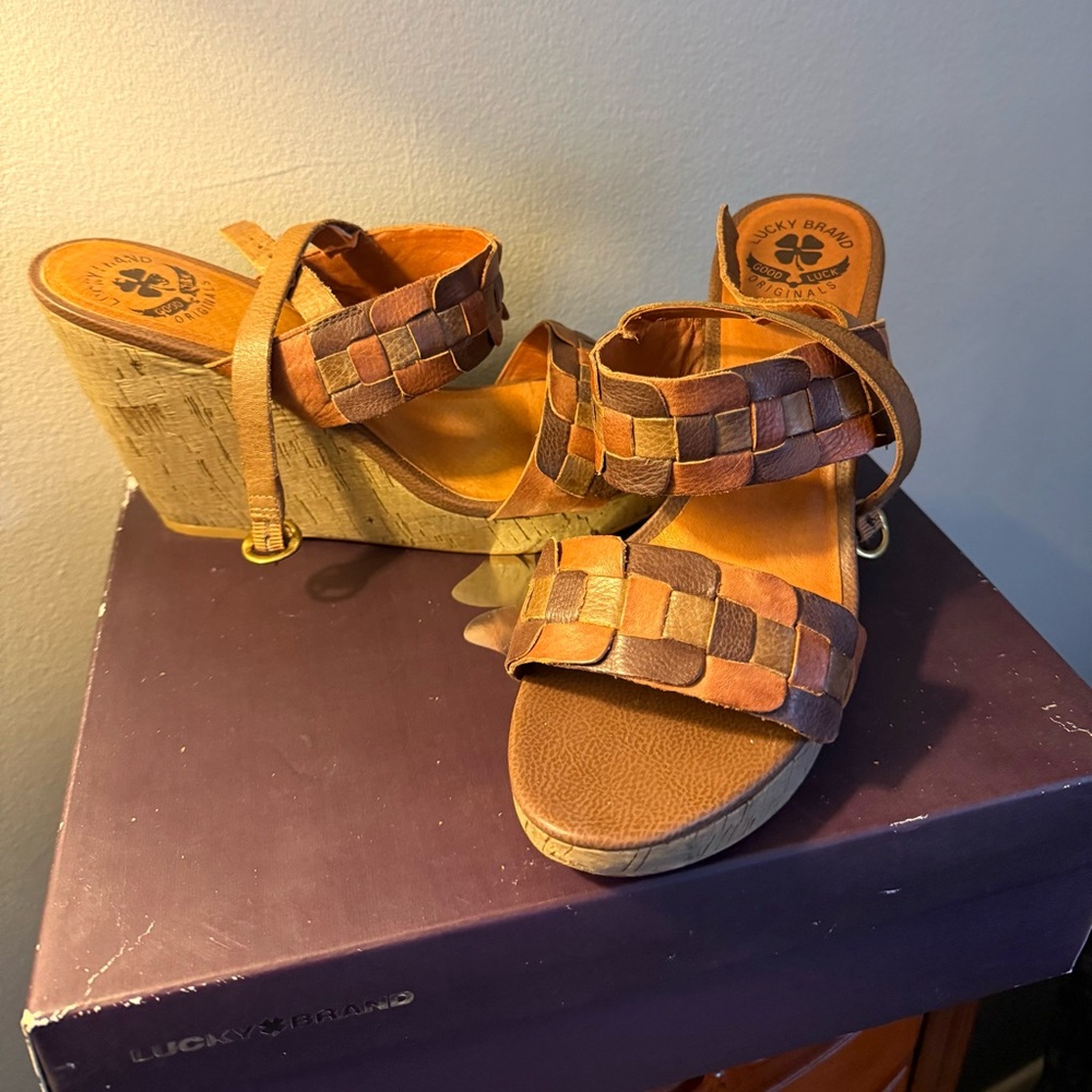 Lucky Brand Brown Woven Leather Wedge Sandals